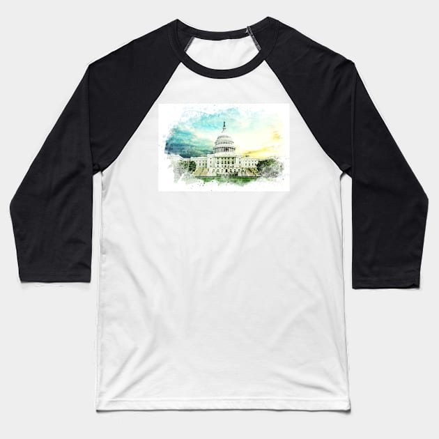 Washington DC Capitol Hill USA Breathtaking Watercolor Painting Baseball T-Shirt by Naumovski